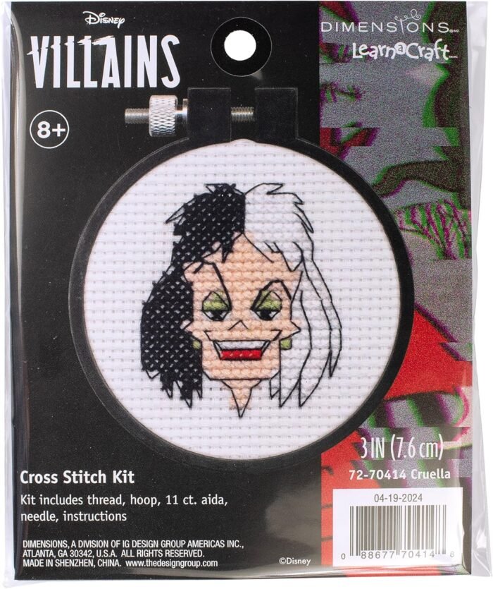 Dimensions 72-70414 Disney's Cruella Mini Beginner's Cross Stitch Kit, 3" Diameter, Multicolor, 5 Pieces