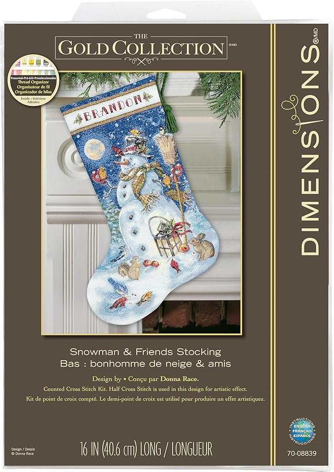 Dimensions Gold Collection Counted Cross Stitch 'Snowman & Friends' Personalized Christmas Stocking Kit, 18 Count White Aida, 16"