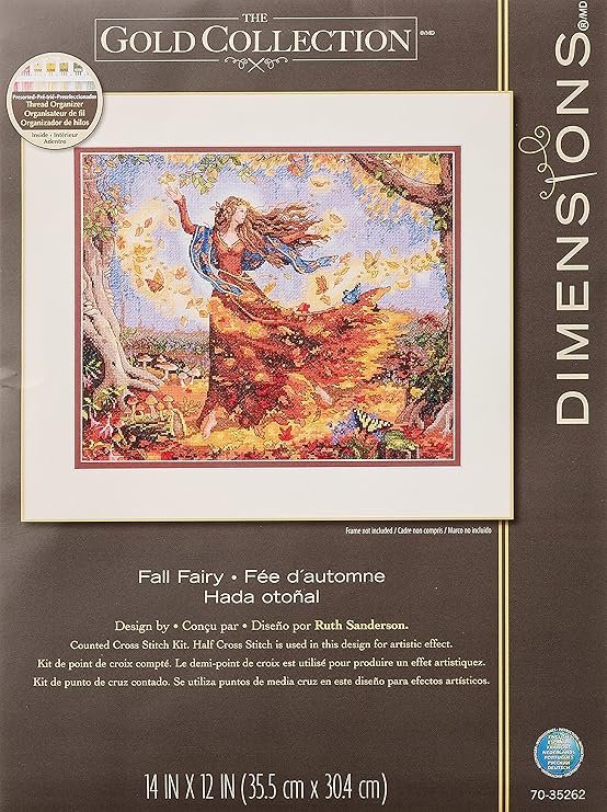 Dimensions Advanced Counted Cross Stitch Kit, Fall Fairy, 16 Count Dove Grey Aida, 14'' x 12'',Gold