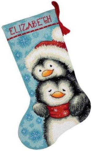 Dimensions Needlepoint Hugging Penguins Personalized Christmas Stocking Kit, Printed 12 Mesh Canvas 71-09144