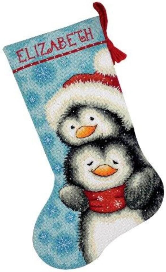 Dimensions Needlepoint Hugging Penguins Personalized Christmas Stocking Kit, Printed 12 Mesh Canvas 71-09144